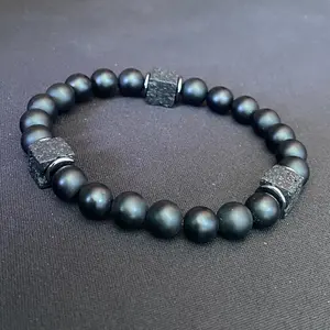 LOVSKAYA Unisex 8mm Matte Black Onyx Cube-Hematite Bracelet - Non-Natural Crystal Root Chakra Jewelry for Balancing, Grounding
