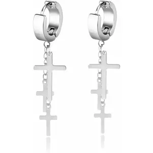 Cross Tassel Huggie Hoop Earrings Stainless Steel Gothic Punk Cool Layered Triple Cross Chain Fringe Religious Long Hinged Dangle Drop Earrings for Men Women Unisex Hip Hop Fashion Jewelry Gifts