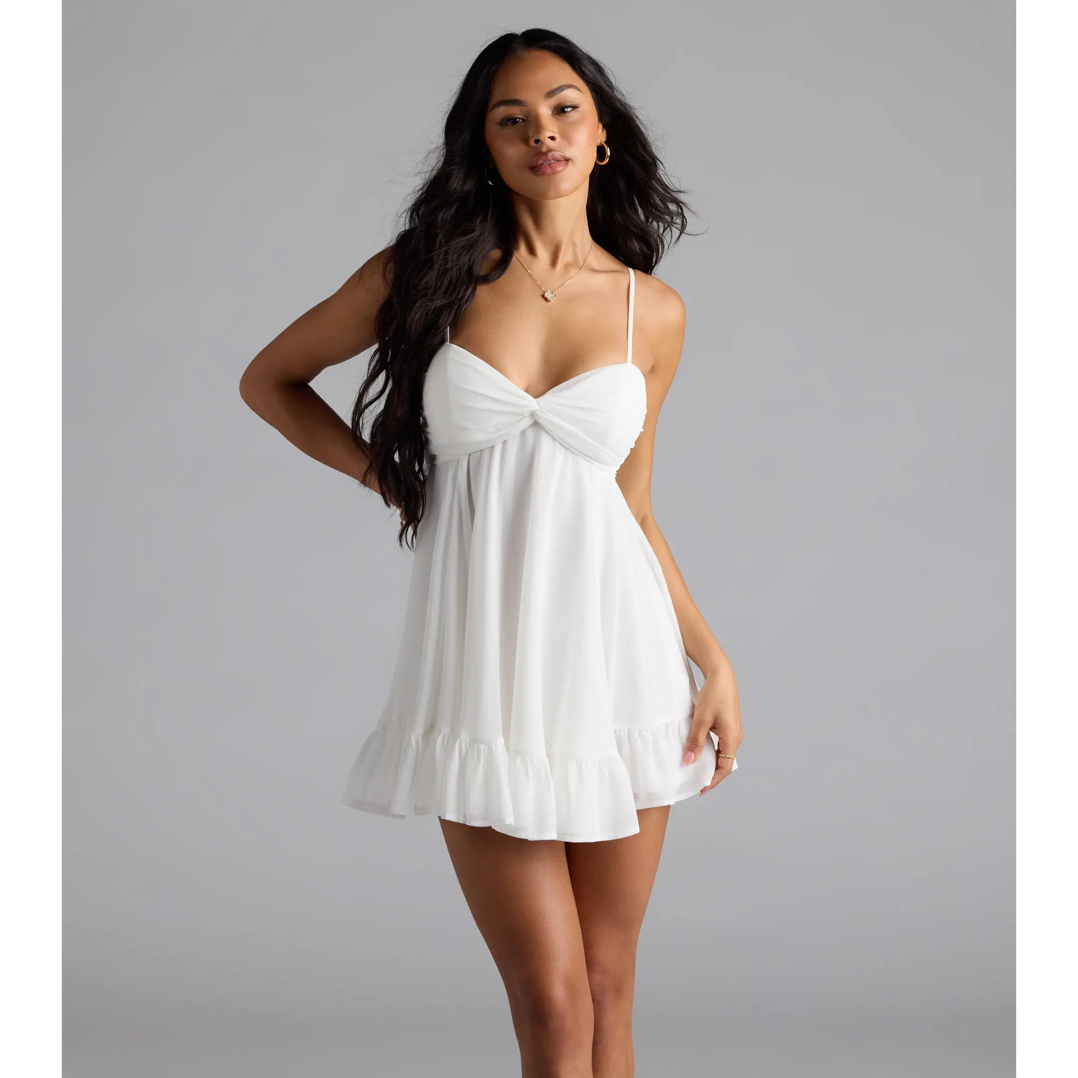 white chiffon babydoll dress Blooming Jelly Womens White Dresses Flowy Babydoll Dress Chiffon Long Sleeve V Neck Cute Mini Tunic Dress(Medium, White) at Amazon Women's Clothing store
