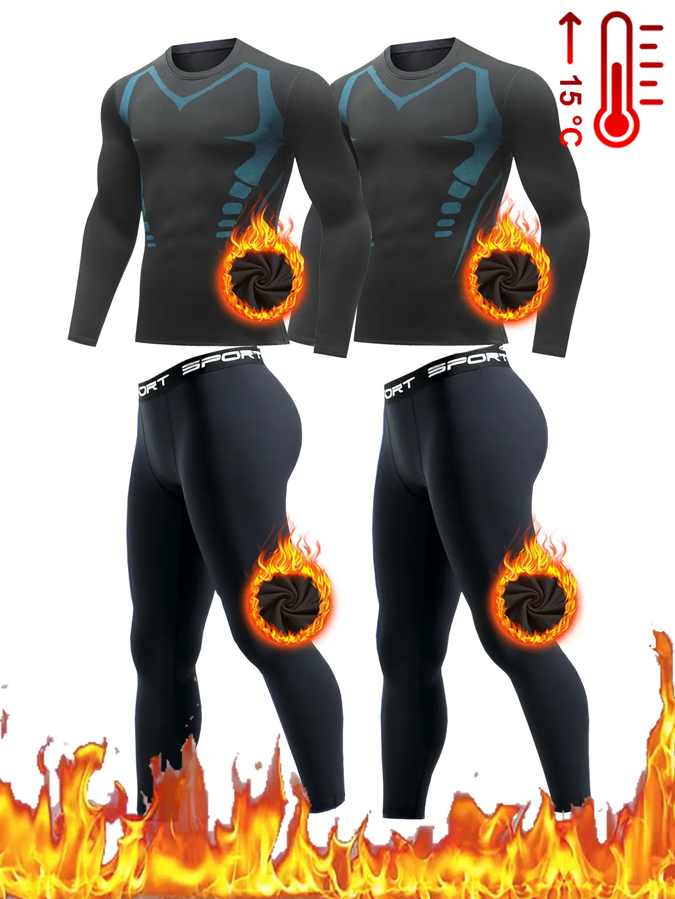 Men's 4pcs Polyester Thermal Sets, Sport Activewear Base Layer with Top and Pants for Cold Weather Sports Training, Crew Neck, Hunting, 4Pcs Set, Outdoor Activities, Multi-Size, Full-Length Pants, 4-Pieces