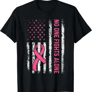 No One Fights Breast Cancer Alone American Flag Pink Ribbon T-Shirt streetwear dtf printing