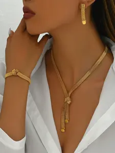 Women's Elegant Textured Four-Piece Set Necklace Earrings Drop Bracelet Hollow Out Design, All-Season Versatile Jewelry Collection, Matching Jewelry Set