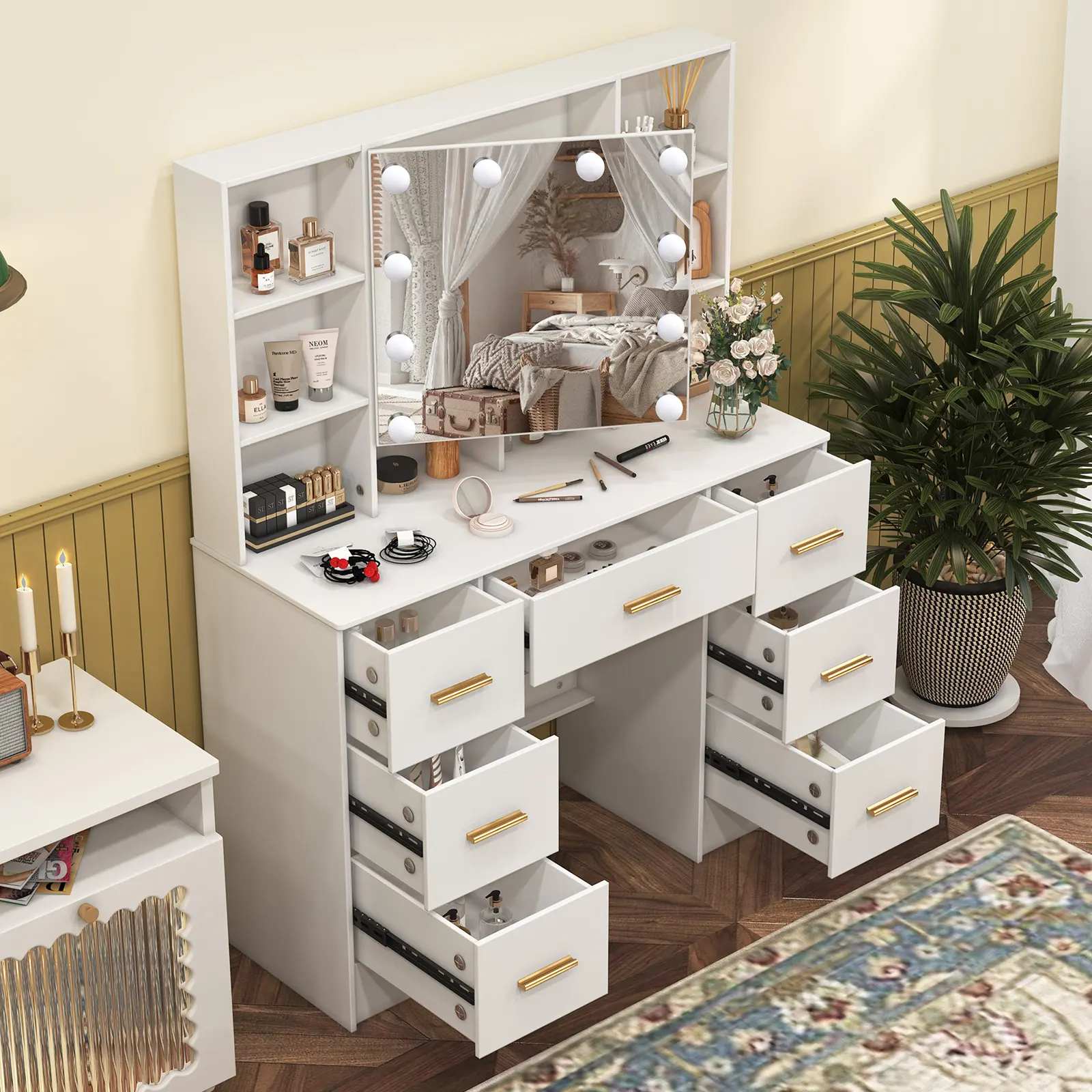 6-Drawer Vanity Desk with Openable LED-Lighted Mirror (11 LED Bulbs) - Modern Illuminated Makeup Vanity for Bedroom Organization Needs, Vanity Desk With Mirror And Lights, Modern Makeup Vanity