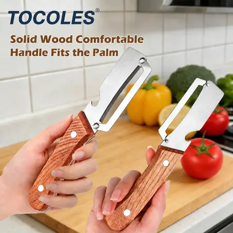 2-in-1 Vegetable & Fruit Peeler with Stainless Steel Blade and Bottle Opener, Wooden Handle Kitchen Tool for Potatoes, Apples, Zucchini, Papaya & Pumpkin