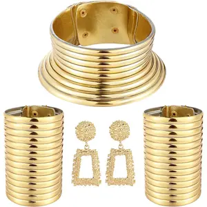 4 African National  for Women African Egyptian Choker Collars Gold Chunky Statement Leather Necklace Bangle Bracelet Earring  Set