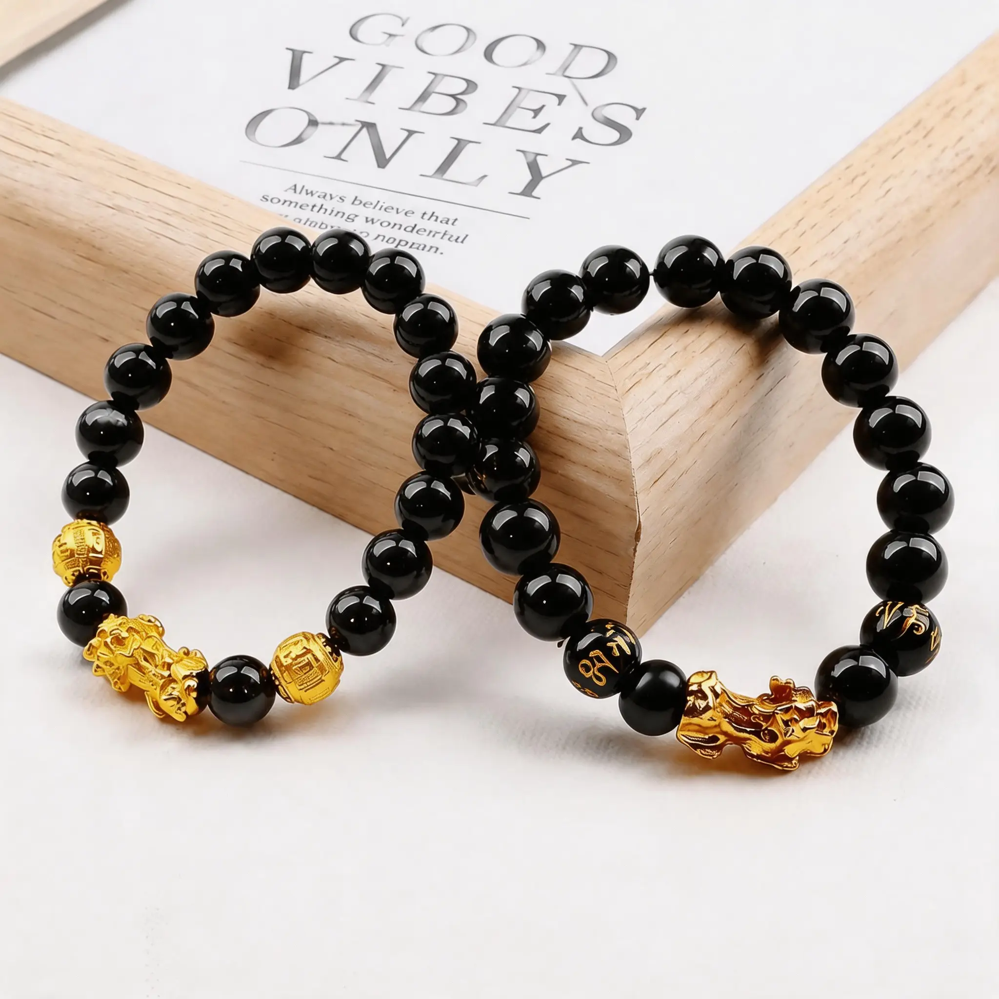 Unisex 2-Piece Pixiu Charm Bracelet Set - 8mm Black Glass Beads, Detailed Pixiu Charm, Mantra & Alloy Spacers, Daily Collectible Costume Jewelry, 8Mm Bead Size, Animal, Bracelet With Charms, Beaded Bracelet Pack