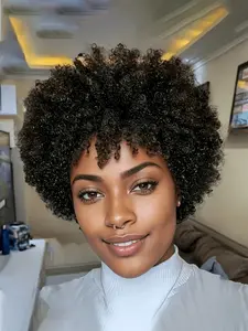 Human Hair Wig Natural Afro Wig 150% Density Afro Kinky Curly Pixie Wig 6 Inch Human Hair Wig Full Machine Made Wig Natural Looking Wig Natural Look for Daily Use, Music Festivals & Parties, Versatile Styling, Party Accessory, Comfortable Fit Cap 1PC