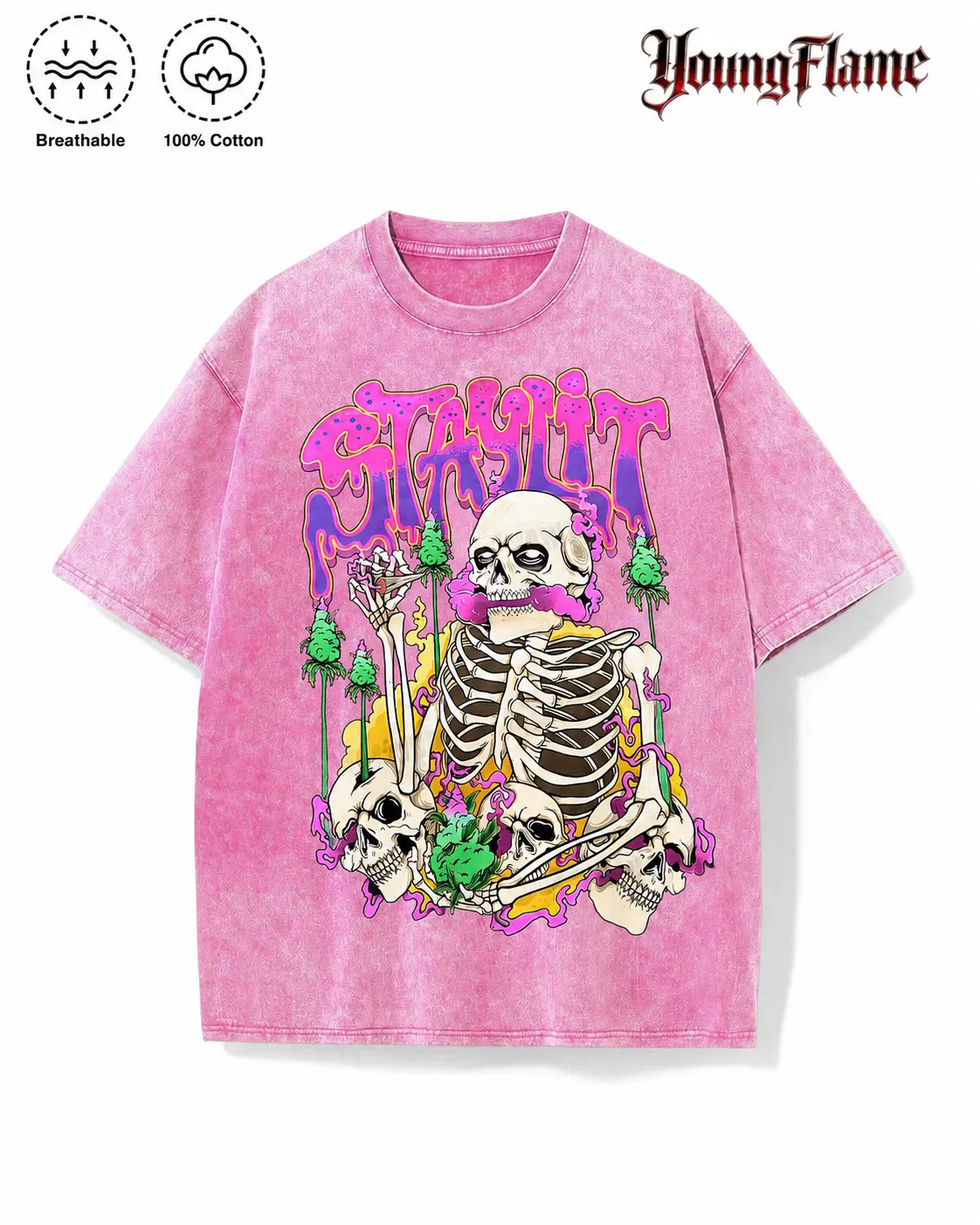 Vintage Acid Wash Psychedelic Skull Graphic Tee A Comfortable Summer Gift Neon Grunge Streetwear Y2K Clothing Men T-Shirt short sleeve