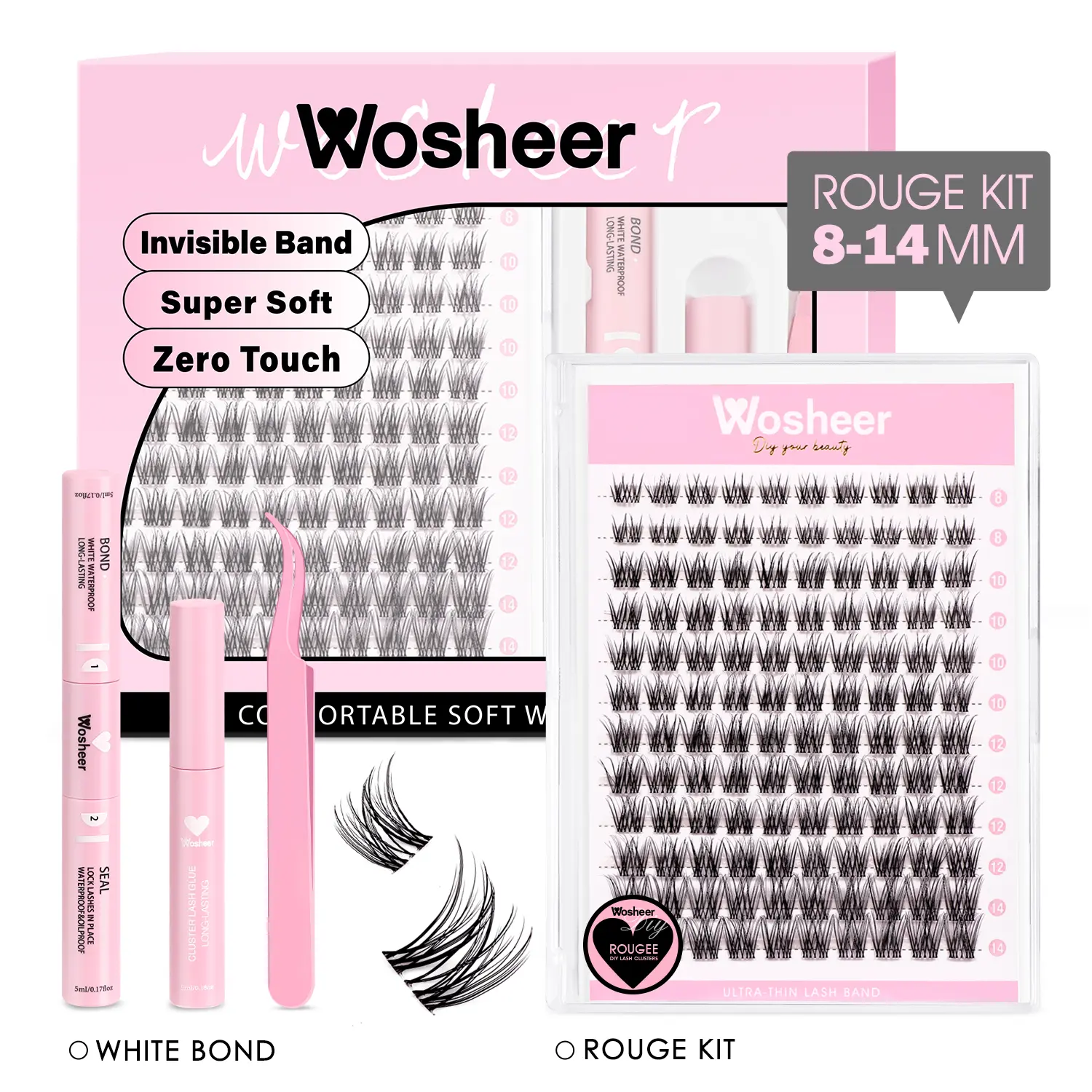 Wosheer Lashes Clusters Extension Kit Rougee Kit US STOCKING Ultra-thin Invisible Lash Band Lash Kit Natural Look Beginner Friendly Lash Bond Seal Invisible Band Waterproof Lashes For Girls DIY Eyelash At Home Eyelashes Cosmetic