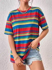 Aesthetic Multicolor Striped Oversized Fit T-Shirt Women's Casual Loungewear Casual Everyday Wear, Streetwear, All-Season, Short Sleeve, Loungewear-Friendly
