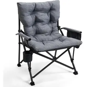 Padded Oversized Folding Camping Chair for Adults, Heavy Duty Lawn Chair with Side Pockets, Portable Collapsible Quad Chair for Outside, Support Up to 500lbs, Grey
