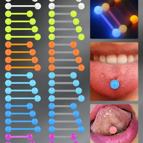 48Pcs  Glow in the Dark Tongue Rings for Women & Men, 14 Gauge Stainless Steel & Plastic Barbell, 12-18mm Colorful Tongue Piercing Jewelry Body Piercing Accessories Body Piercings Set
