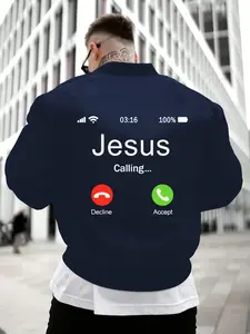 Fall Winter Jesus Calling Phone Screen Print Jacket Men's Humorous Faith Streetwear Warm Windproof Stylish Casual Urban Outerwear Cool Edgy Winter Coat For Guys Trendy Statement Jacket#MenFaithJacket