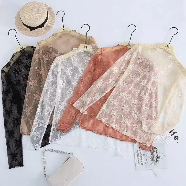 Women's 3PCS Sheer Lace Blouse - Basic Long Sleeve Skinny Mesh Top, Inner Wear Womenswear, Round, Apricot, Lady, Fitted, Shirts, Full Sleeves, Blouse Top
