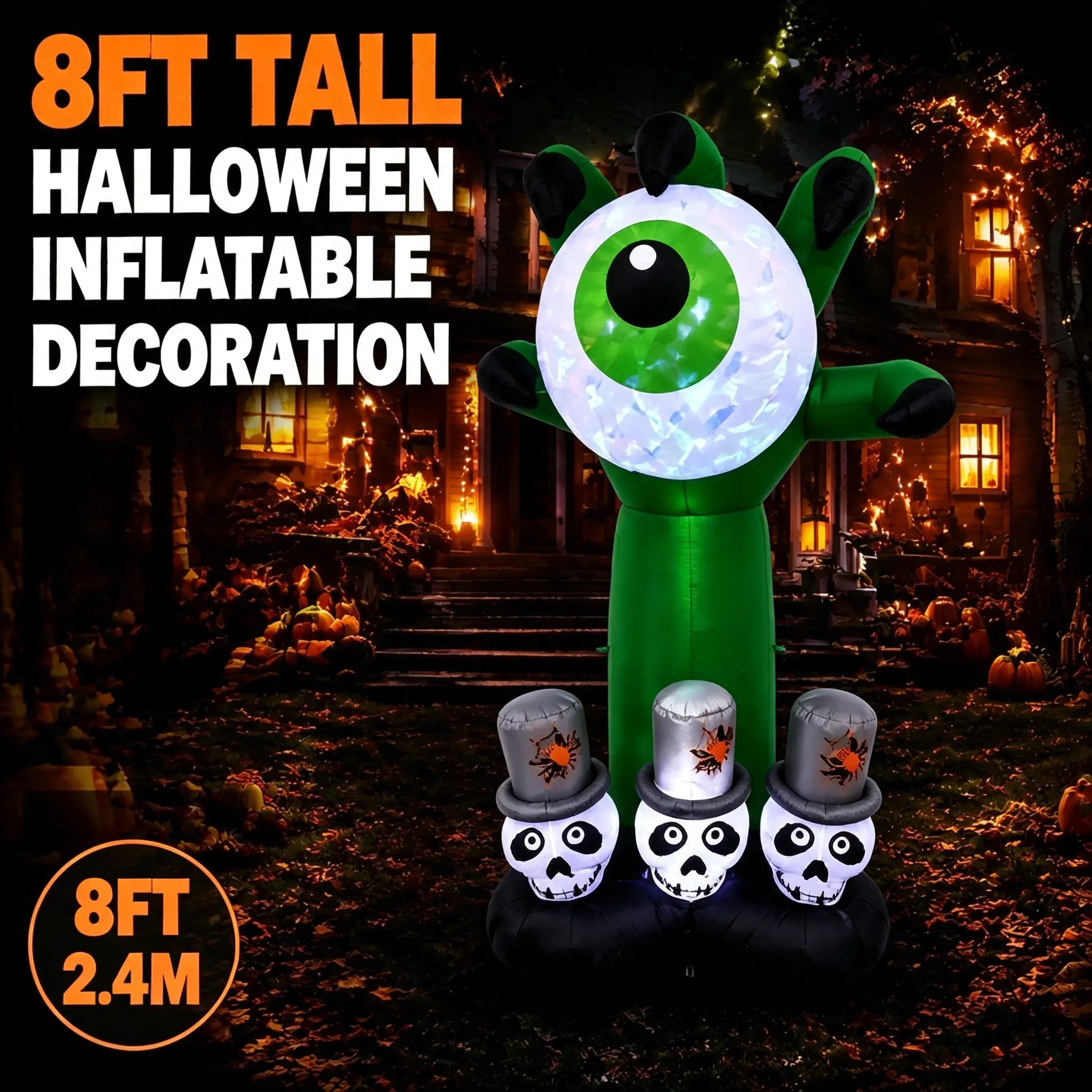 8-FT Halloween inflatable pumpkin skull yard decoration with built-in LED colorful lights, sound effects, and blower, ghost tombstone RIP inflatable, waterproof 210T polyester, suitable for outdoor lawns, garden parties, or haunted houses