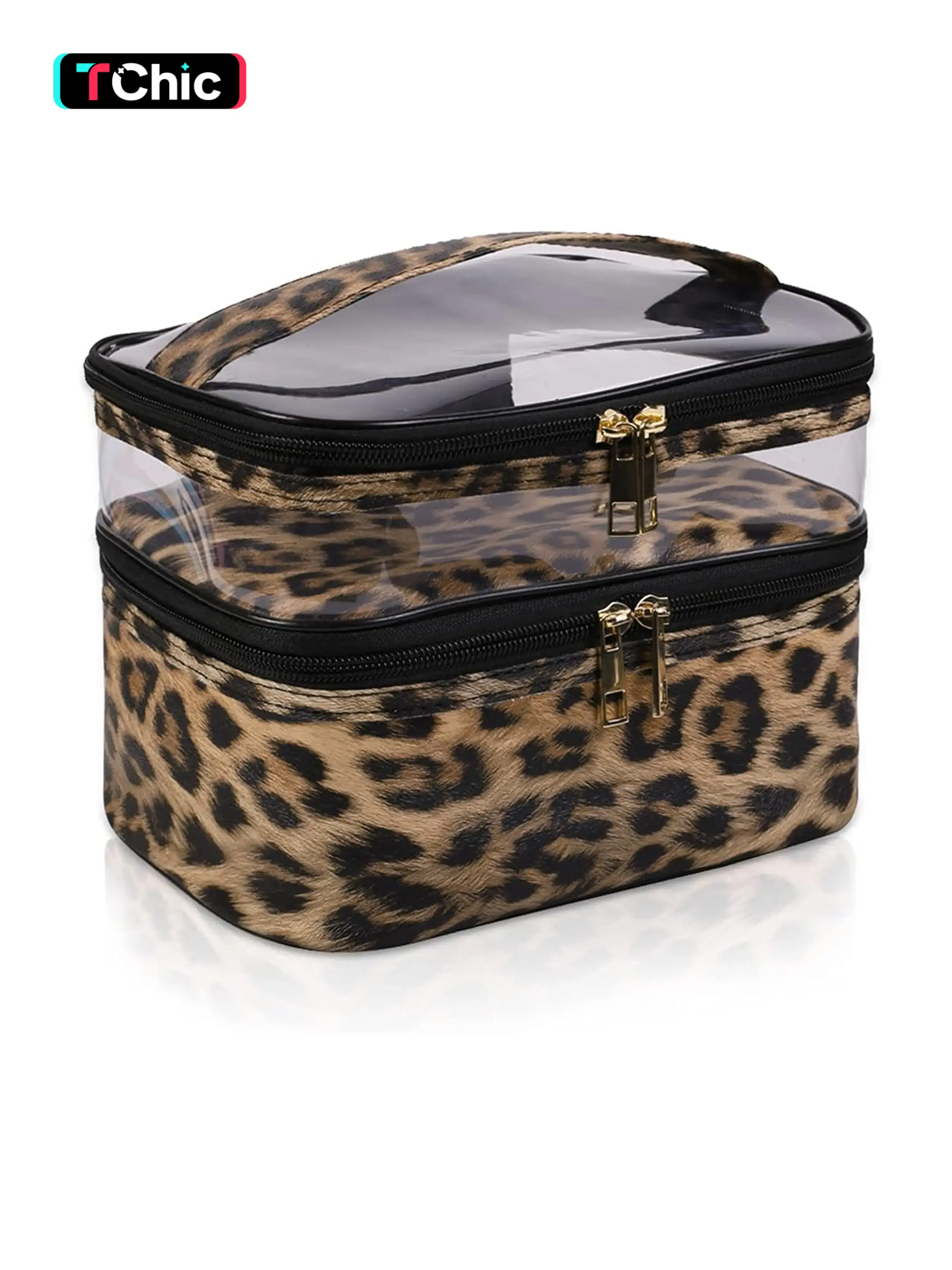 Double-layer Cosmetic Bag, Travel Makeup Bag, Travel Beauty Bag, Portable Waterproof Foldable, Leopard print leather cosmetic bag, large capacity storage bag, waterproof travel toiletry bag