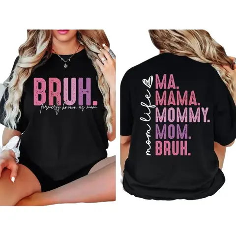 Mom 'Bruh' Sweatshirt - Casual Cotton Crewneck Hoodie, Lightweight Foldable, Digital Print, Machine Washable Mother's Day Gift, Seamless Underarm Comfort, Multi-Size Casual Fit for Moms (All Seasons)
