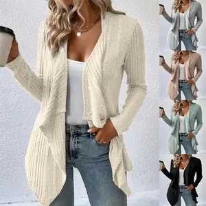 Autumn and winter solid color ribbed knitted cardigan cardigan long-sleeved sweater casual women's clothing