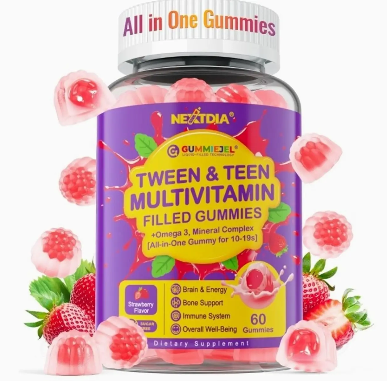 Multivitamin Filled Gummies for Teen Boys Girls 12-17, 18, 19, Kids 10+ Multivitamin with Omega 3, Calcium + Magnesium + Zinc, Multi-Minerals for Adolescent 10-19S Brain, Bone, Energy, Immune