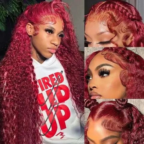 BLING HAIR 99J Burgundy Red Deep Wave, Female 10A Grade Raw Virgin Wigs Human Hair, 13x4-13x6 HD Lace Front Wig, HD Transparent Lace, Transparent Cover, Heat Safe, Melt All Skins