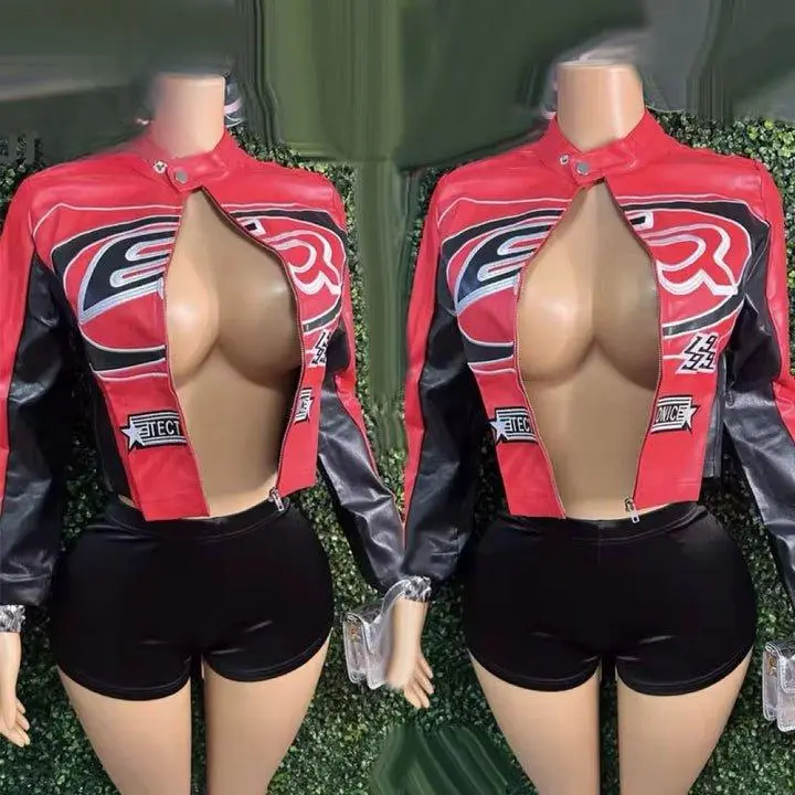 In The City With It Short Set - Women's Leather Punk Jacket with Bold Letter Embroidery & Matching Shorts
