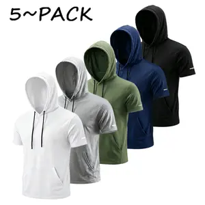 Men’s solid-color short-sleeve sporty T-shirts/hoodies — elastic drawstring, breathable mesh, kangaroo pocket, reflective stripes — men’s clothing for summer sports, commuting, sporty T-shirts
