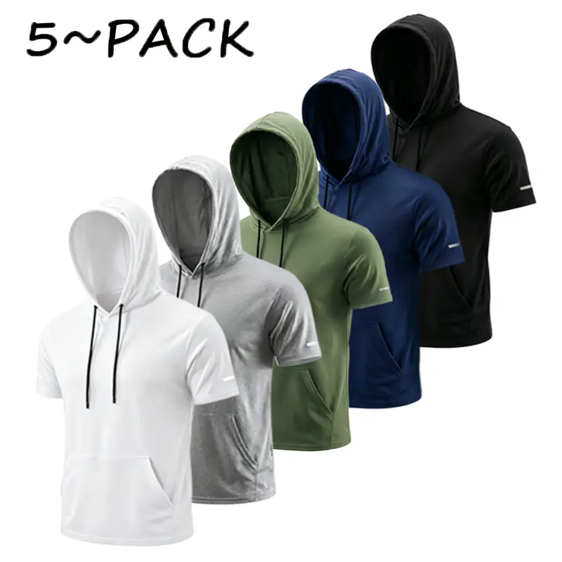 Men’s solid-color short-sleeve sporty T-shirts/hoodies — elastic drawstring, breathable mesh, kangaroo pocket, reflective stripes — men’s clothing for summer sports, commuting, sporty T-shirts