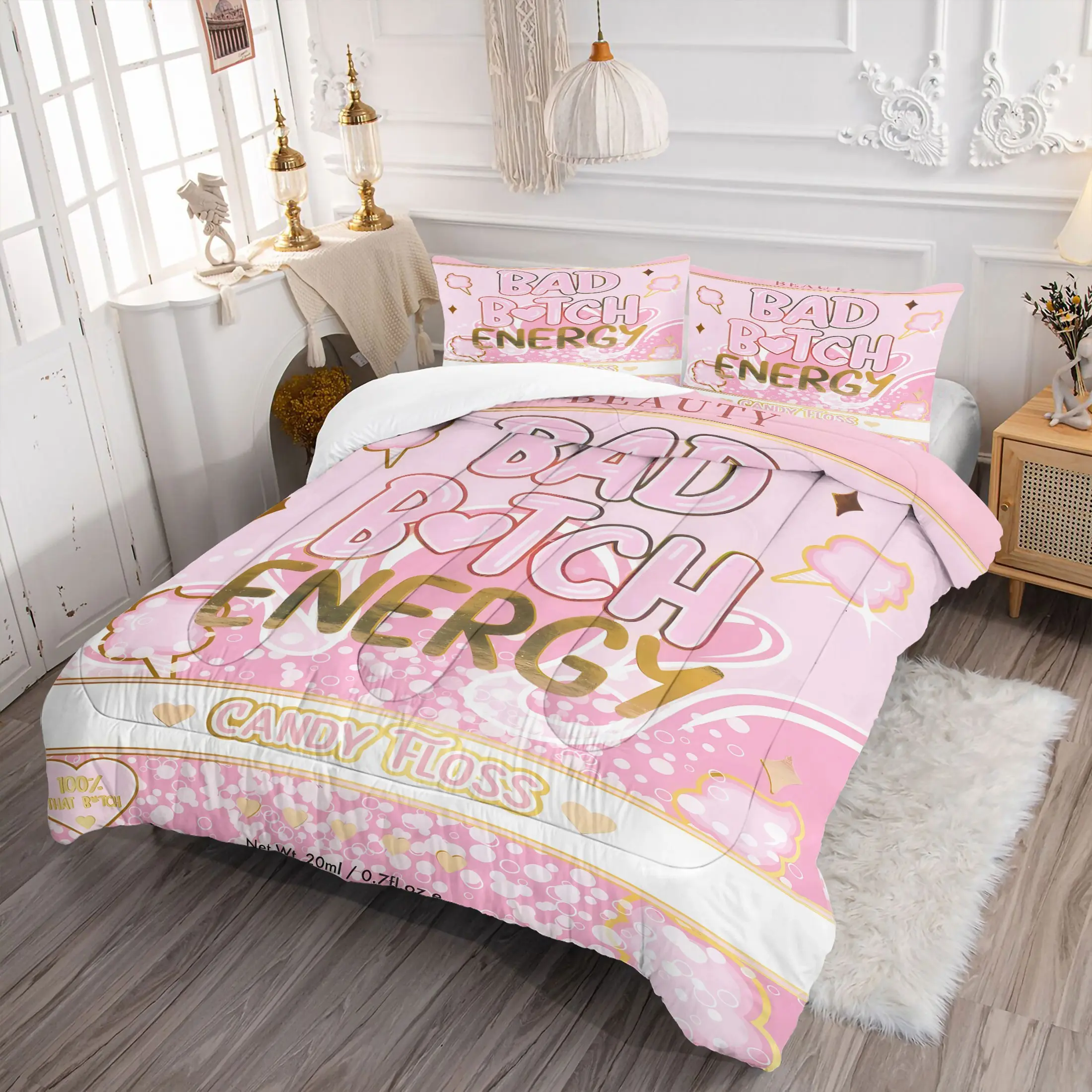 "Bad Bitch Energy" Candy Floss Print Comforter Set, 2/3 Piece Soft Microfiber Quilt with Pillowcases, Pink Aesthetic Bedding Set for Bedroom & Dorm Decor, Perfect Gift for Bold & Sassy Women