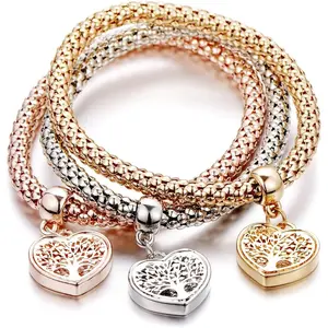 Crystal Charms Multilayer Bracelets - 3PCS Gold/Silver/Rose Gold Corn Chain Bracelet for Women, Tree of Life Heart Shaped Stretch Bracelet