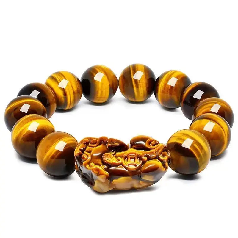 Crystal Beaded Feng Shui Pixiu Tiger Eye Bracelet - Natural Crystal Jewelry for Protection, Prosperity, Money Magnet, Lucky Festival Gift