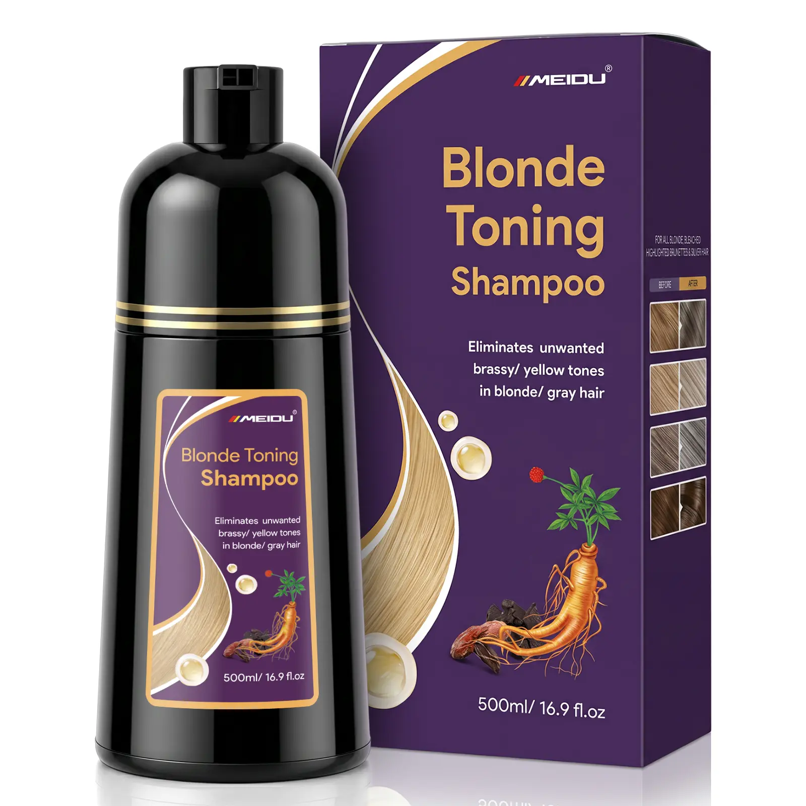 MEIDU Blonde Toning Shampoo 500ml - Eliminates Brassy Yellow Tones in Blonde Gray Hair - Hair Care Product - 16.9 fl oz