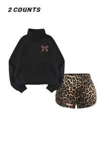 Autumn Winter New Fleece Lined High Neck Casual Loose Leopard Print Shorts Set, Bow Design, Comfortable Fabric, Yoga Shorts Included