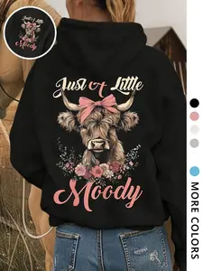 Trendy Aesthetic Women's Highland Cow Print Hoodie, Cute Cartoon Cow Design, Casual Comfortable Fitted Hooded Pullover Sweatshirt for Fall & Winter