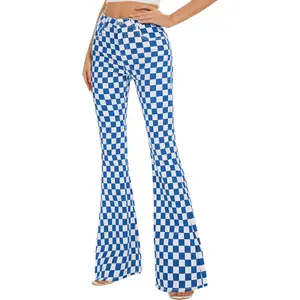 ODEFOU Women's High-Waisted Retro Vintage Christmas Bell Bottom Jeans - Button Closure, Checkerboard Plaid, Stretch Denim, Hip-Fit, Flared Leg, Comfortable Fabric Bootcut Pants for Women