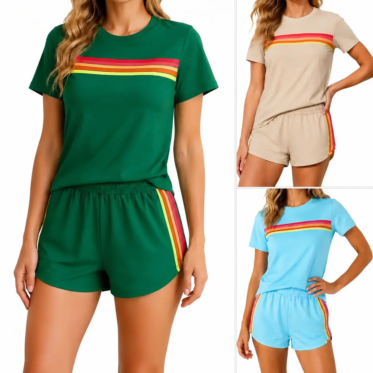 Rainbow Stripe 2 Piece Lounge Set, Women Summer Short Sleeve Tee & Athletic Shorts Matching Outfit