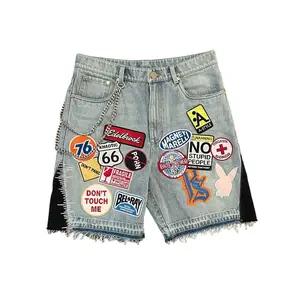 New Hip-Hop Personality Street Retro Embroidery Patch Denim Shorts Loose Metal Decoration Men And Women Spring And Summer