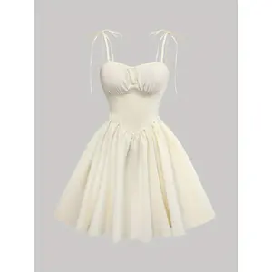 Elegant Ruched Bust Tie-Suspender Dress - Sleeveless Polyester, A-Line Skirt, Perfect for Spring/Summer/Fall Events, Machine Washable