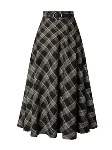 Women's Vintage Plaid High Waist A-Line Skirt, Flowy Smooth Slimming Long Dress, Casual Chic Daily Wear Party Versatile Skirt