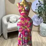 PULKRITU Elegant Women's Tropical Floral Print Cutout Ruched Midi Formal Prom Sleeveless Dress for Birthday Party, Summer Club Cocktail Gown, Female Brunch Dresses, Graduation Dresses, Elegant Ruched Design
