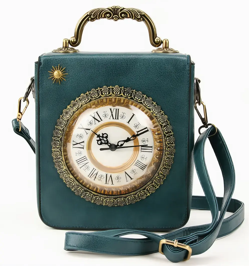 Vintage Clock Rectangle Shoulder Bag - Gold Clock & Celestial Print, Magnetic Clasp, Adjustable Strap, High-Quality Vinyl, 8x4.5x9in
