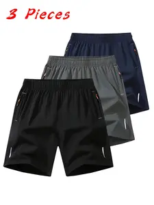 Men’s ultra-light quick-dry sports shorts 3-pack, breathable polyester/elastane blend fabric, stylish casual running and fitness gear, with zippered pockets and elastic waistband, perfect for the beach and outdoor activities