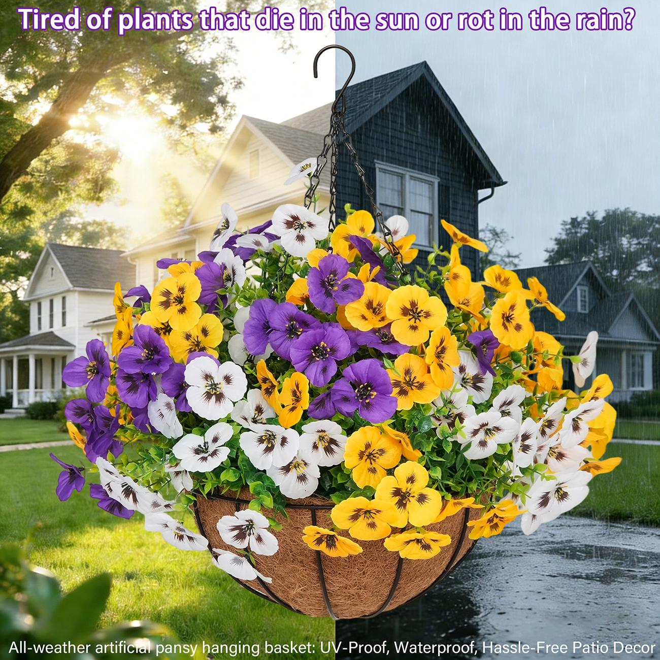 2Pcs UV-Resistant Outdoor Indoor Hanging Flower Baskets, Artificial Flowers for Outside, Pansy Hanging Planter, No-Fade Floral for Porch, Garden, Balcony & Fence Decor 2Pcs UV-Resistant Outdoor Indoor Hanging Flower Baskets, Artificial Flowers for Outside, Pansy Hanging Planter, No-Fade Floral for Porch, Garden, Balcony & Fence Decor