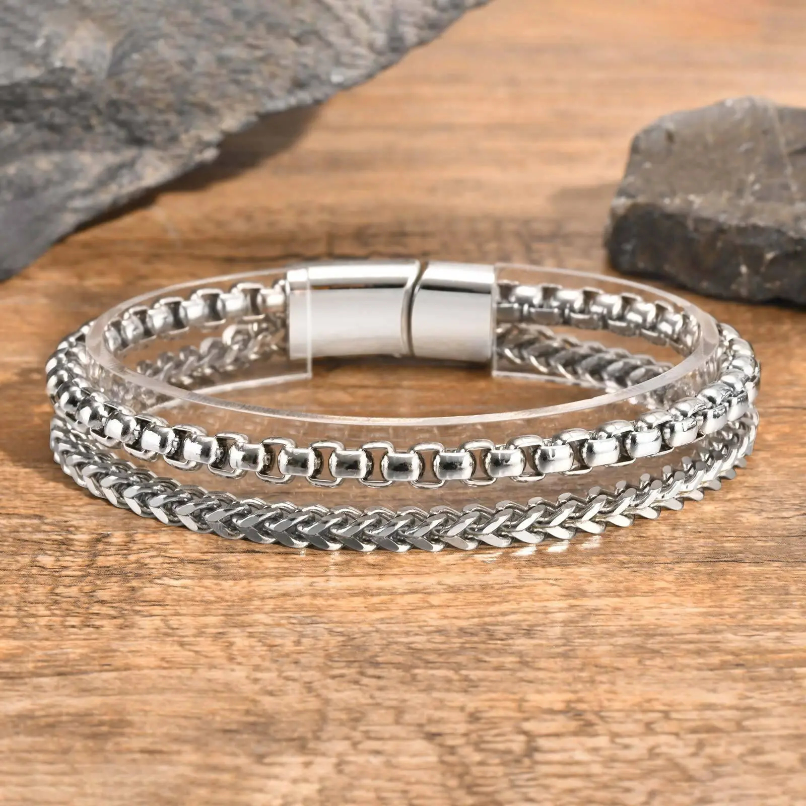 Vnox Stainless Steel Round Box Chain Bracelets, Mens Layered Square Cuban Link Bracelets, Simple Metal Franco Foxtail Bracelets