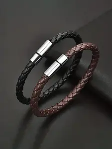 Men's Fine Woven Leather Bracelet, Minimalist Casual Style, Thin Braided Wristband, Fashion Accessory for Daily Wear, Perfect Gift