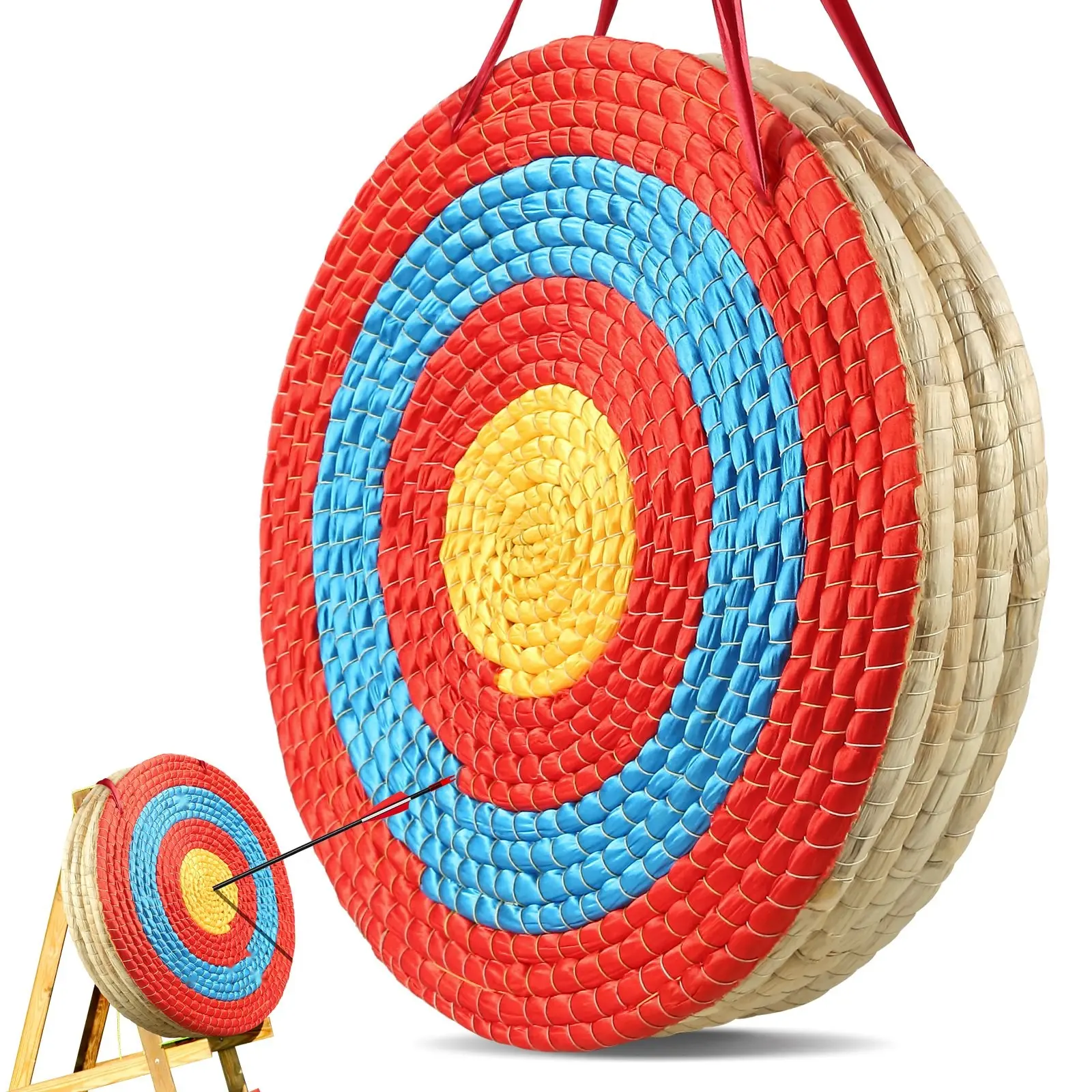 Archery Target, 5-Layer 20-Inch Arrow Target, Traditional Solid Straw Round Archery Target For Bow Practice, Hand-Made Arrows Target, Coloured Rope Handle, Backyard Outdoor Hunting And Shooting Practice Equipment