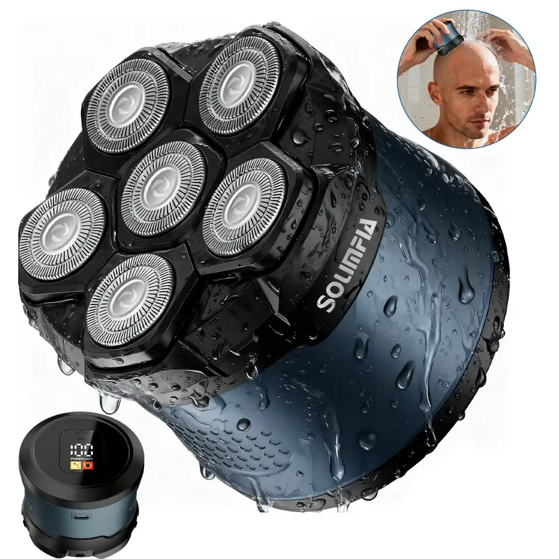 Electric Shaver for Men, 6 Floating Rotary Heads, Wet & Dry Use Rechargeable Shaver for Bald Men, Lithium‑Ion Battery