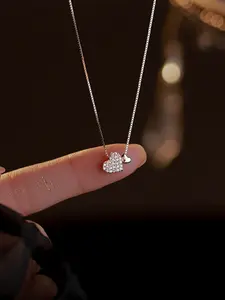 Luxury Cute S925 Silver Color Zircon Pendant Necklace, Heart Charm Design, Valentine Gift for Girlfriend, No Choking Hazard