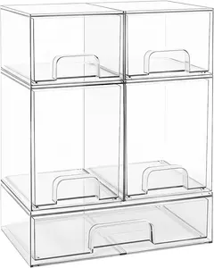 Baby Bottle Organizer Stackable, Acrylic Storage Drawers 5 pack with Non-Slip Pads, Pull-Out Drawers for Baby Bottle, Pump Parts, Pantry, Vanity Countertop (4.4" and 7.6" Tall and 12.1" Wide)
