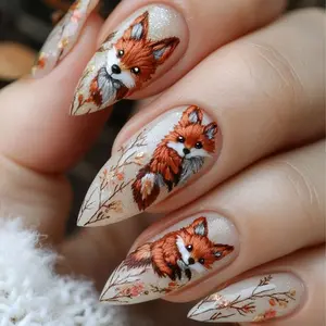 24pcs Cute Fox Theme Nail Art, Almond Shape Medium Length Glossy Finish False Nails, Daily Wear Sparkly Fake Nails for Women, Nail Tips Art