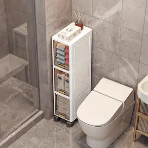 3/4 Tier Slim Bathroom Storage Cabinet with Wheels, Freestanding Storage Cabinet, Flip-Top Clear Door, Stackable & Space-Saving, Durable Plastic, Slim & Large Capacity, Ideal for Small Spaces, Multi-Use for Bathroom, Mobile, Moistureproof